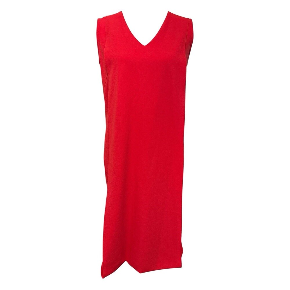 Pink Tartan Red Overlay Sheath Dress V-Neck Sleeveless Stretch Crepe Size Small